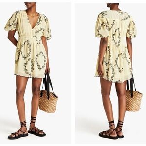 Nwot Ganni Pale Yellow Floral Pleated Georgette Mini Dress